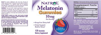 Photo of the Natrol Melatonin Gummies 10 mg Strawberry Flavor label
