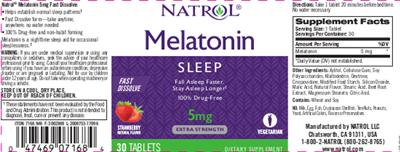 Photo of the Natrol Melatonin 5 mg Fast Dissolve Strawberry Natural Flavor label