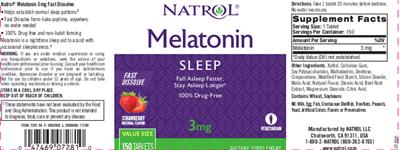 Photo of the Natrol Melatonin 3 mg Fast Dissolve Strawberry Natural Flavor label