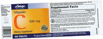 Photo of the Longs Wellness Vitamin C 500 mg label