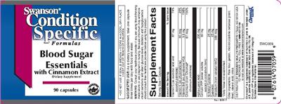 Photo of the Swanson Condition Specific Formulas Blood Sugar Essentials with Cinnamon Extract label