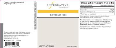 Photo of the Integrative Therapeutics Betaine HCl label