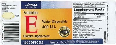 Photo of the Longs Wellness Vitamin E Water Dispersible 400 IU label