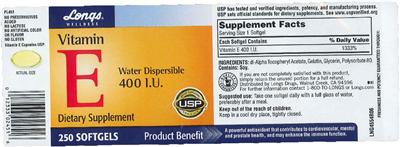 Photo of the Longs Wellness Vitamin E Water Dispersible 400 IU label