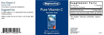 Photo of the Allergy Research Group Pure Vitamin C Ascorbic Acid label