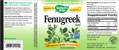 Photo of the Nature's Way Fenugreek Seed 610 mg label