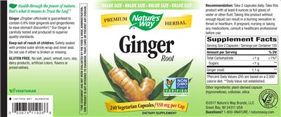 Photo of the Nature's Way Ginger Root 550 mg label