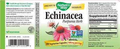 Photo of the Nature's Way Echinacea Purpurea Herb 400 mg label