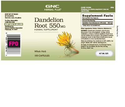 Photo of the GNC Herbal Plus Dandelion Root 550 mg label