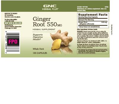 Photo of the GNC Herbal Plus Ginger Root 550 mg label