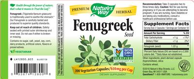 Photo of the Nature's Way Fenugreek Seed 610 mg label