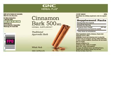 Photo of the GNC Herbal Plus Cinnamon Bark 500 mg label