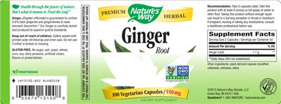 Photo of the Nature's Way Ginger Root 550 mg label