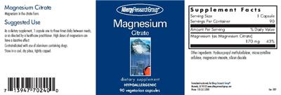 Photo of the Allergy Research Group Magnesium Citrate label