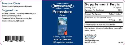 Photo of the Allergy Research Group Potassium Citrate label