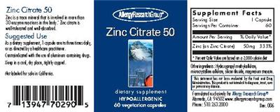 Photo of the Allergy Research Group Zinc Citrate 50 label