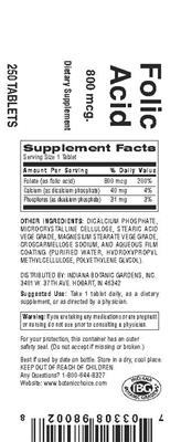 Photo of the Indiana Botanic Gardens Folic Acid 800 mcg label