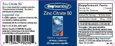 Photo of the Allergy Research Group Zinc Citrate 50 label