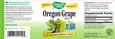 Photo of the Nature's Way Oregon Grape Root 500 mg label