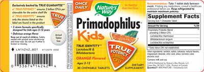 Photo of the Nature's Way Primadophilus Kids Orange Flavored label