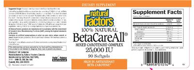 Photo of the Natural Factors 100% Natural BetaCareAll Mixed Carotenoid Complex 25,000 IU label