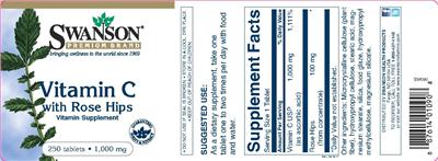 Photo of the Swanson Premium Brand Vitamin C with Rose Hips 1,000 mg label