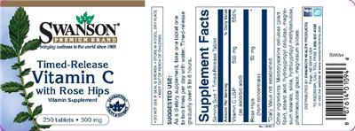 Photo of the Swanson Premium Brand Timed-Release Vitamin C with Rose Hips 500 mg label
