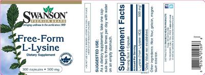 Photo of the Swanson Premium Brand Free-Form L-Lysine 500 mg label