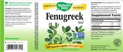 Photo of the Nature's Way Fenugreek Seed 610 mg label