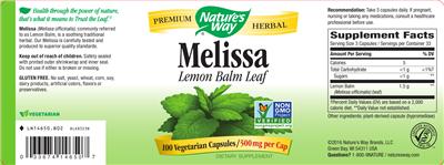 Photo of the Nature's Way Melissa Lemon Balm Leaf 500 mg label