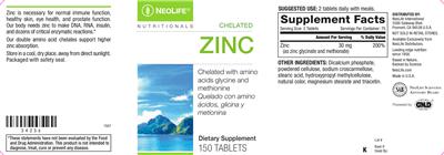 Photo of the NeoLife Nutritionals Zinc label