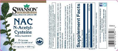 Photo of the Swanson Premium Brand NAC N-Acetyl-Cysteine 600 mg label