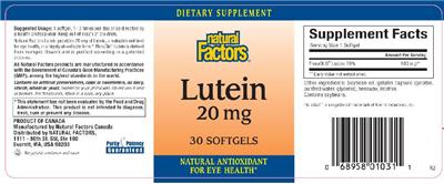 Photo of the Natural Factors Lutein 20 mg label