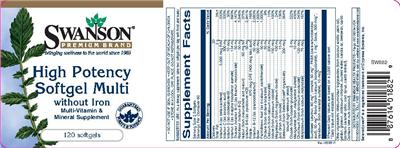 Photo of the Swanson Premium Brand High Potency Softgel Multi Without Iron label