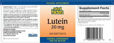 Photo of the Natural Factors Lutein 20 mg label