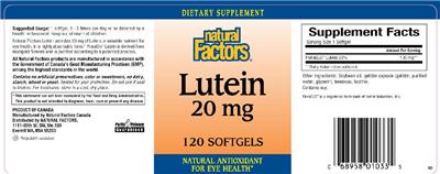 Photo of the Natural Factors Lutein 20 mg label