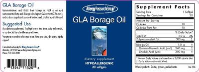 Photo of the Allergy Research Group GLA Borage Oil label