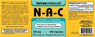 Photo of the Jarrow Formulas N-A-C 500 mg label