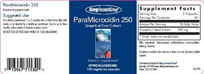 Photo of the Allergy Research Group ParaMicrocidin 250 label