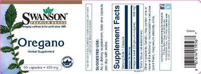 Photo of the Swanson Premium Brand Oregano 450 mg label