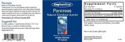 Photo of the Allergy Research Group Pancreas Natural Glandular (Lamb) label