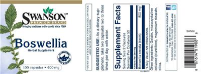 Photo of the Swanson Premium Brand Boswellia 400 mg label