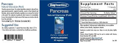 Photo of the Allergy Research Group Pancreas Natural Glandular (Pork) label