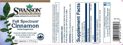 Photo of the Swanson Premium Brand Full Spectrum Cinnamon 375 mg label