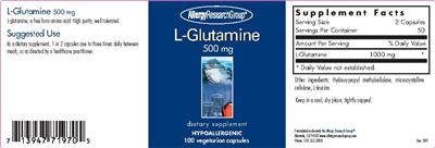 Photo of the Allergy Research Group L-Glutamine 500 mg label