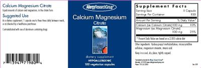 Photo of the Allergy Research Group Calcium Magnesium Citrate label