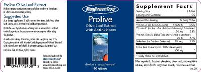 Photo of the Allergy Research Group Prolive Olive Leaf Extract label