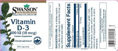 Photo of the Swanson Premium Brand Vitamin D-3 10 mcg label