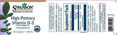Photo of the Swanson Premium Brand High-Potency Vitamin D-3 1,000 IU label