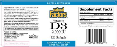 Photo of the Natural Factors Vitamin D3 2,000 IU label